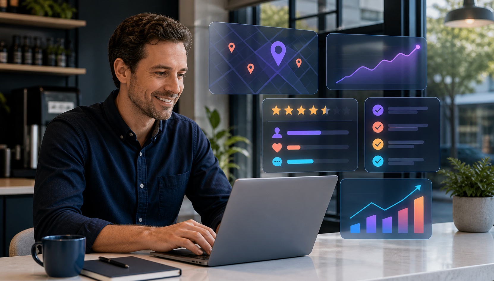 Business owner reviewing local search performance